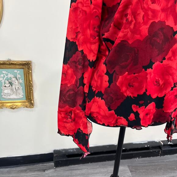 Vintage Y2K Fashion Bug Red Rose Mesh Bell Sleeve Top size L - Picture 2 of 5